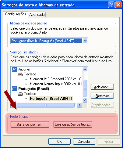 windows ime serviços de texto e idiomas